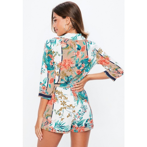 Nude Floral Printed Wrap Blazer Romper - Picture 2 of 4
